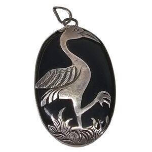 Beautiful Vtg. Oval Black Onyx Sterling Silver Crane Pendant Necklace‎ Charm 925
